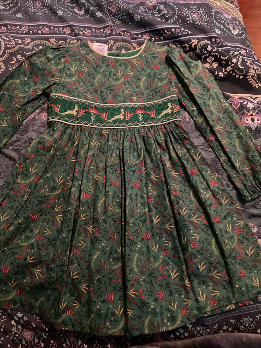 Bonnie Jean Green Smocked Holiday Dress with Red and Gold Accents